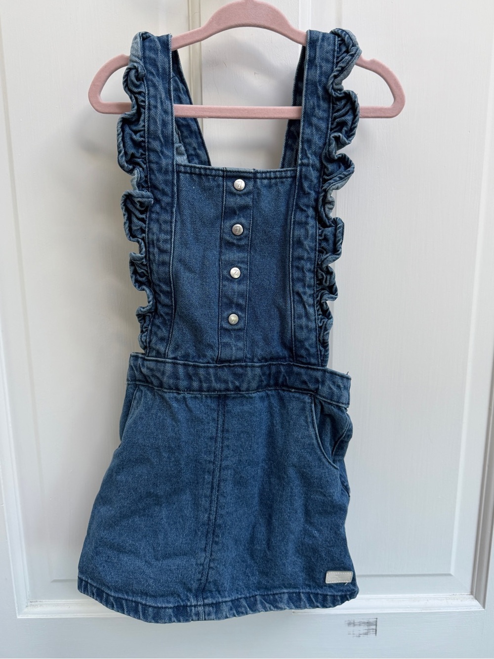 7 For All Mankind Girls 4T Denim Ruffle Sleeveless Overall Dress Romper- Blue
